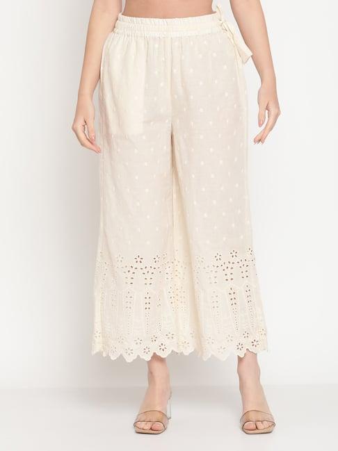 tag 7 cream cotton embroidered palazzos