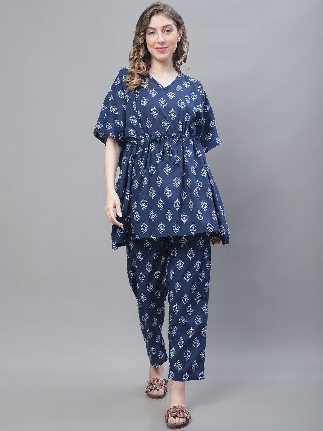 tag 7 ethnic motif printed v neck pure cotton kaftan kurta with trousers