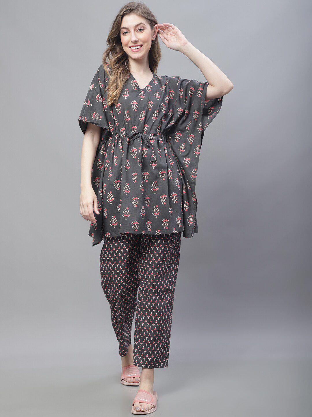 tag 7 ethnic motif printed v neck pure cotton kaftan kurta with trousers