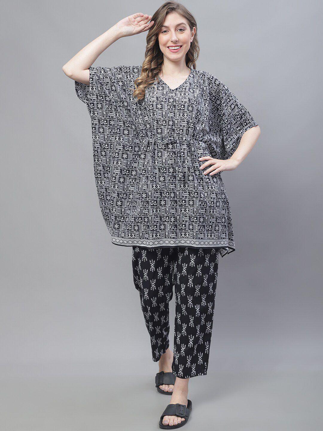 tag 7 ethnic motif printed v neck pure cotton kaftan kurta with trousers