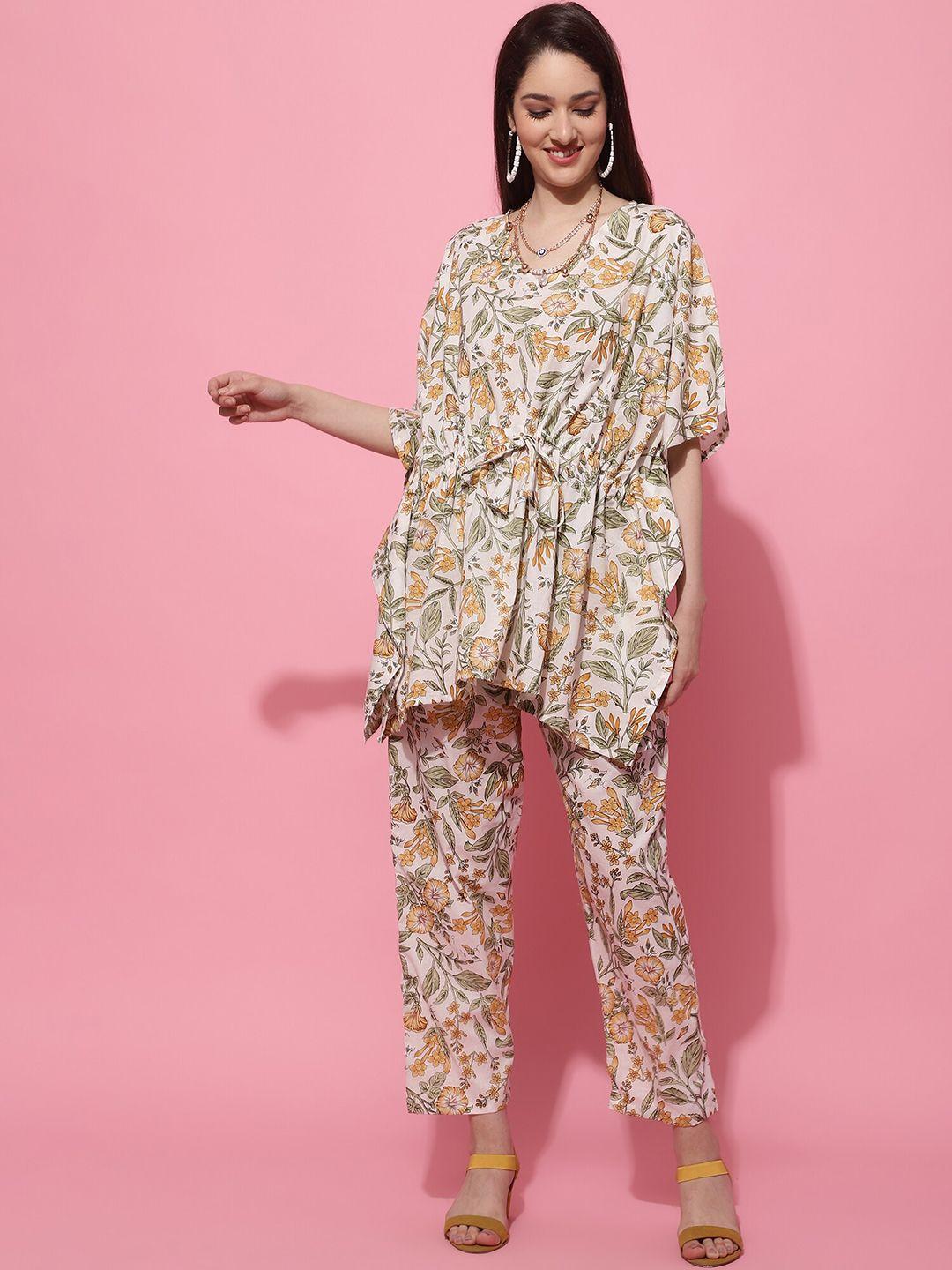 tag 7 floral printed flared sleeves kaftan pure cotton kurti with trousers