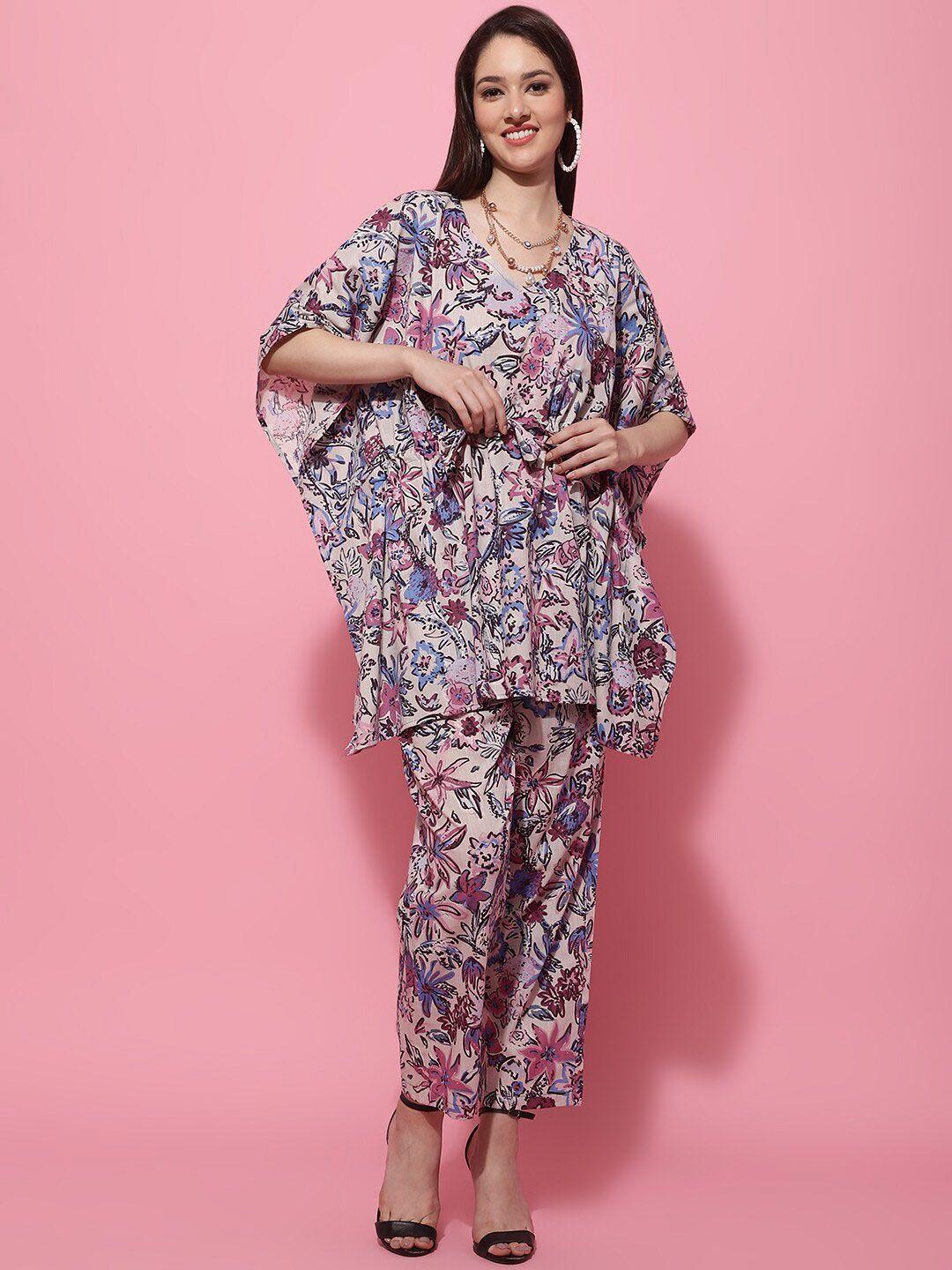 tag 7 floral printed flared sleeves kaftan pure cotton kurti with trousers