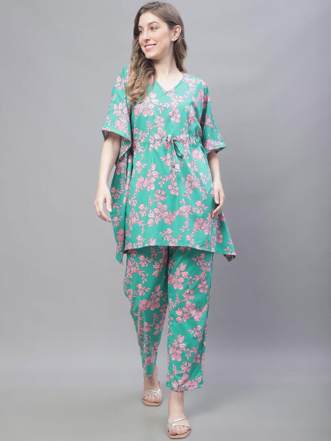 tag 7 floral printed v neck pure cotton kaftan kurta with trousers