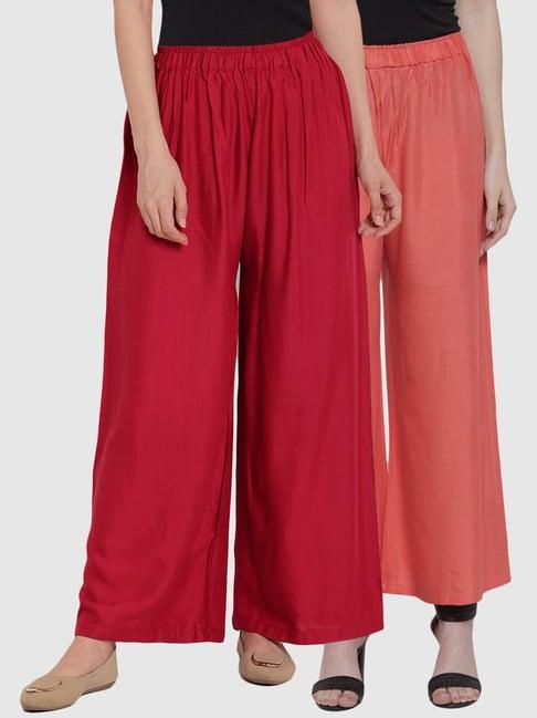 tag 7 maroon & peach cotton palazzos - pack of 2