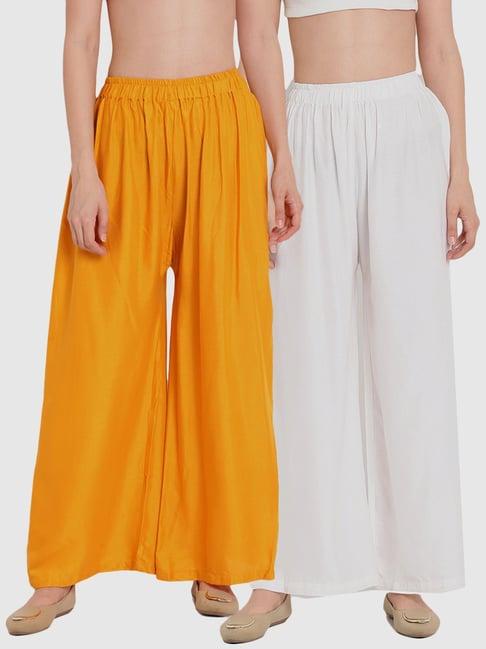 tag 7 mustard & white cotton palazzos - pack of 2