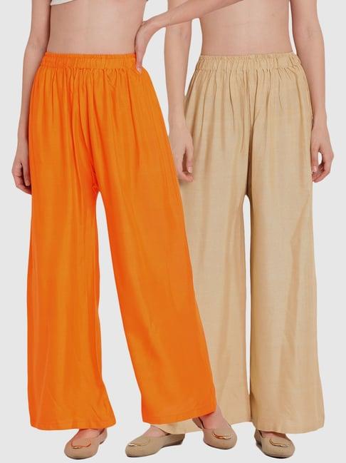 tag 7 orange & beige cotton palazzos - pack of 2