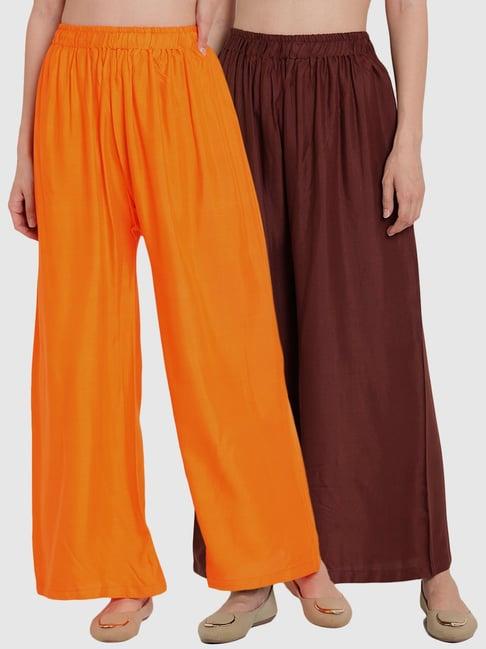 tag 7 orange & brown cotton palazzos - pack of 2