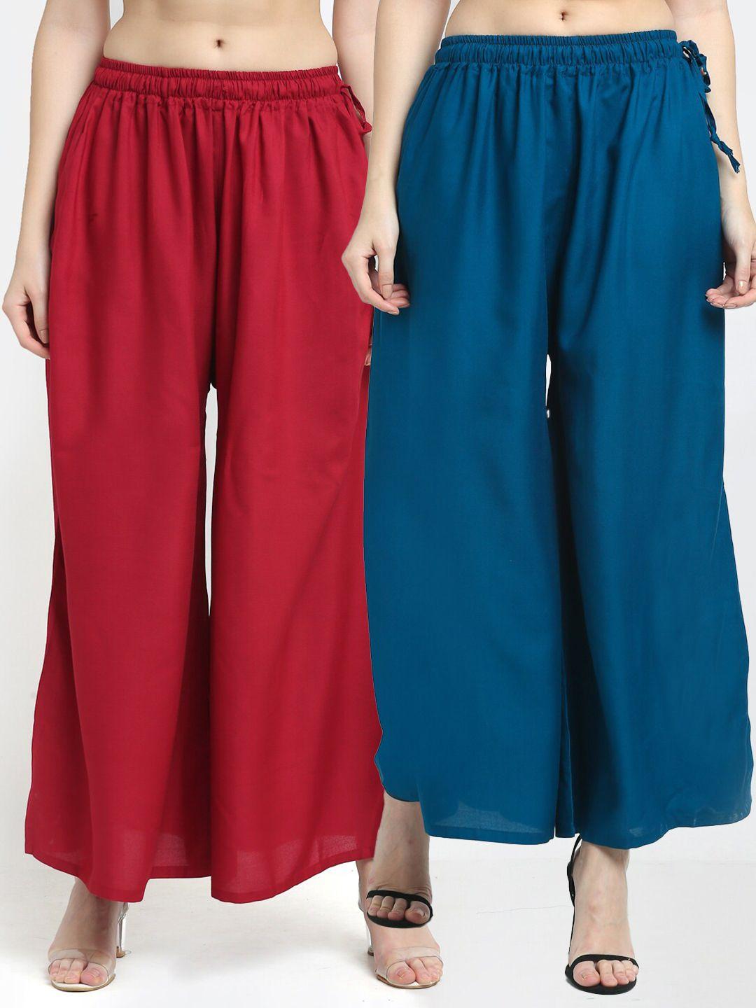 tag 7 pack of 2 women maroon & navy blue flared ethnic palazzos