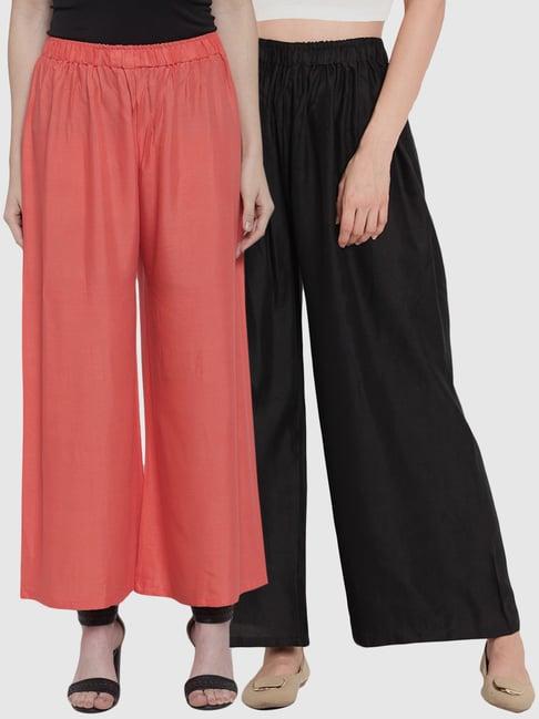 tag 7 peach & black cotton palazzos - pack of 2
