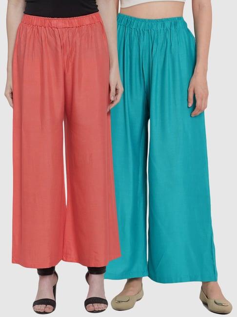 tag 7 peach & blue cotton palazzos - pack of 2