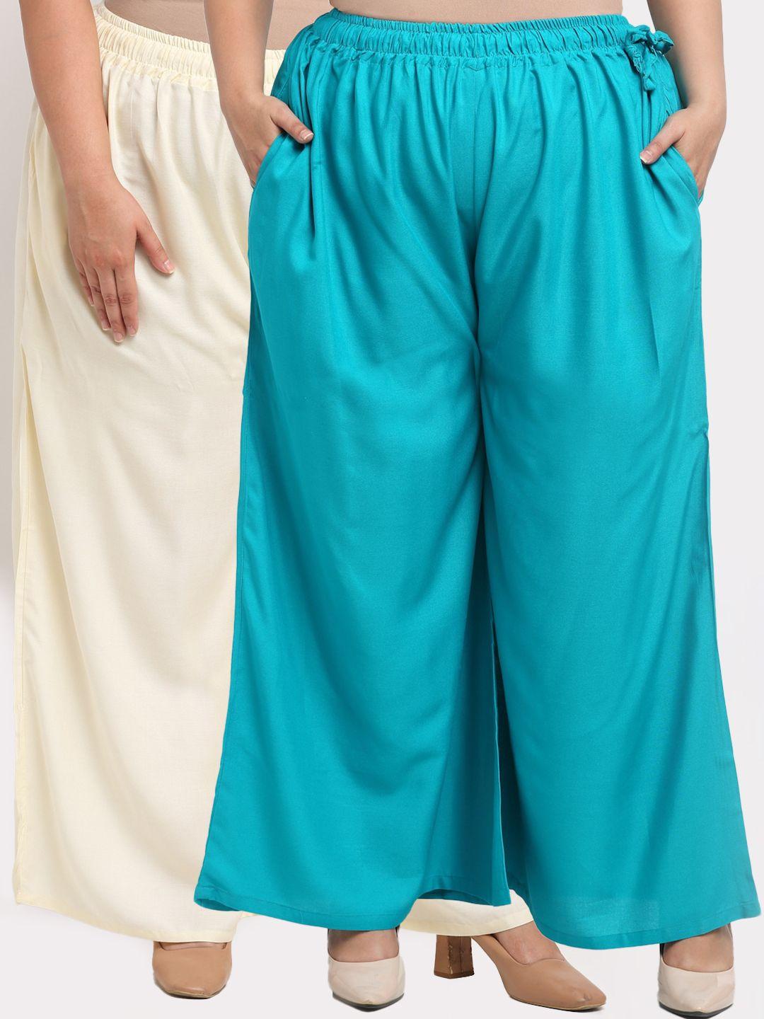 tag 7 plus women cream-coloured & blue pack of 2 ethnic palazzos