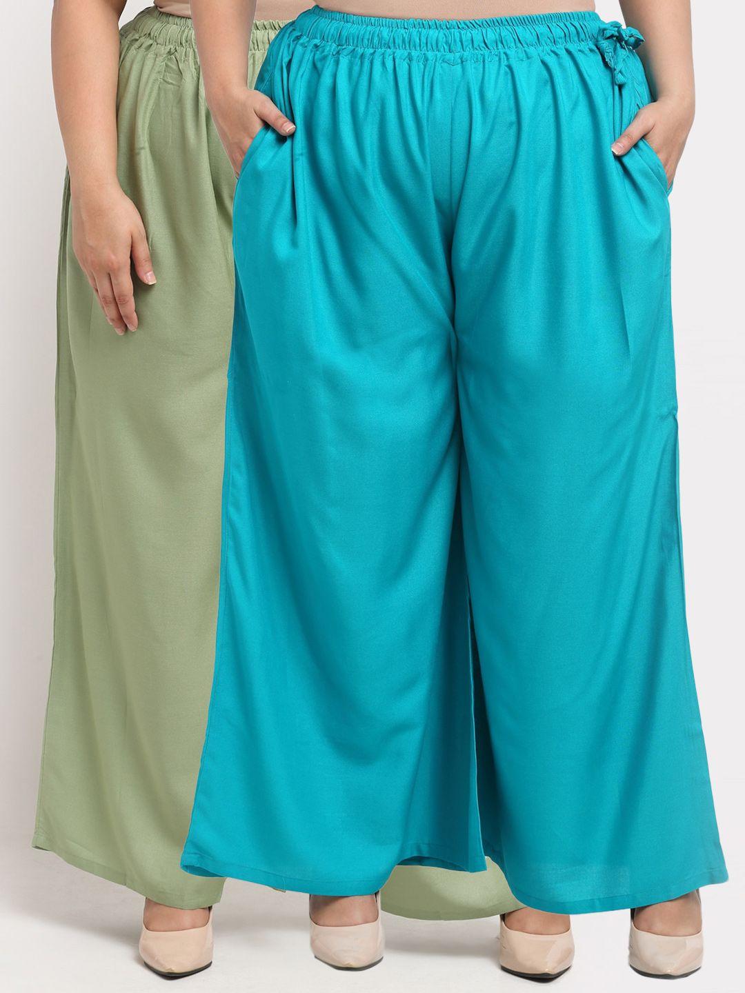 tag 7 plus women green & blue pack of 2 ethnic palazzos