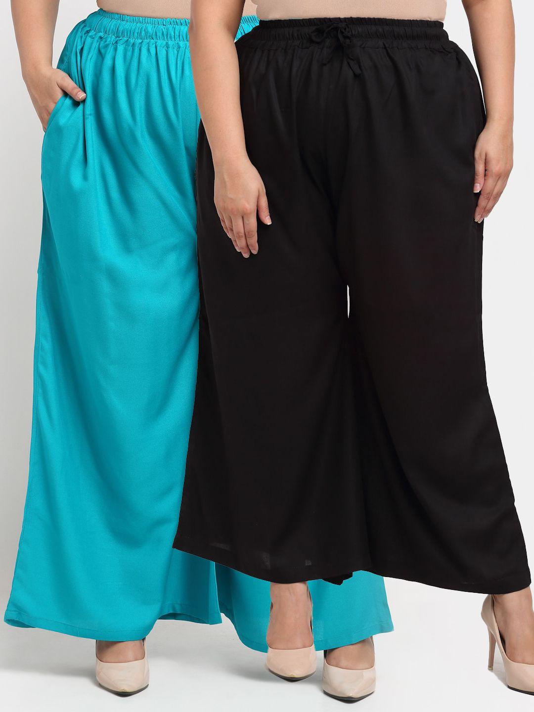 tag 7 plus women pack of 2 black & turquoise blue ethnic palazzos