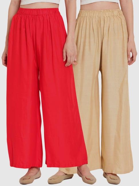 tag 7 red & beige cotton palazzos - pack of 2