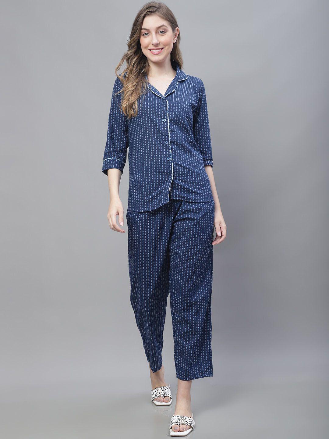 tag 7 striped printed lapel collar pure cotton night suit
