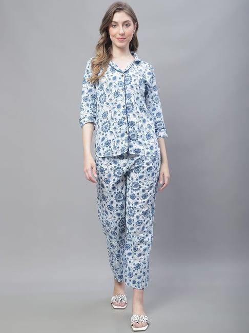 tag 7 white & blue cotton printed shirt pyjama set