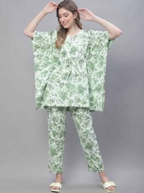 tag 7 white & green printed kaftan top with pant set