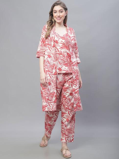 tag 7 white & red printed top & pant with shrug set