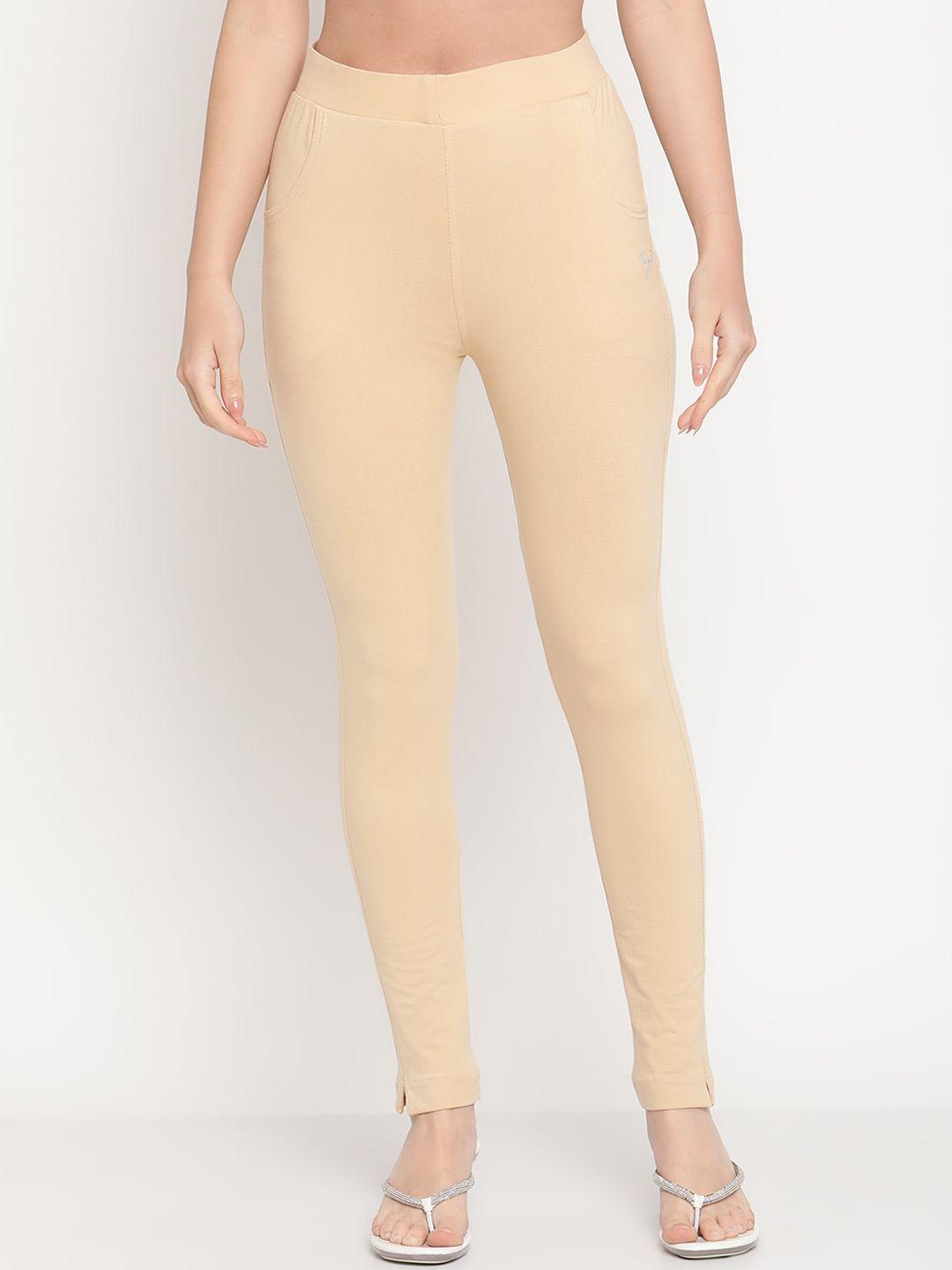 tag 7 women beige solid ankle-length leggings