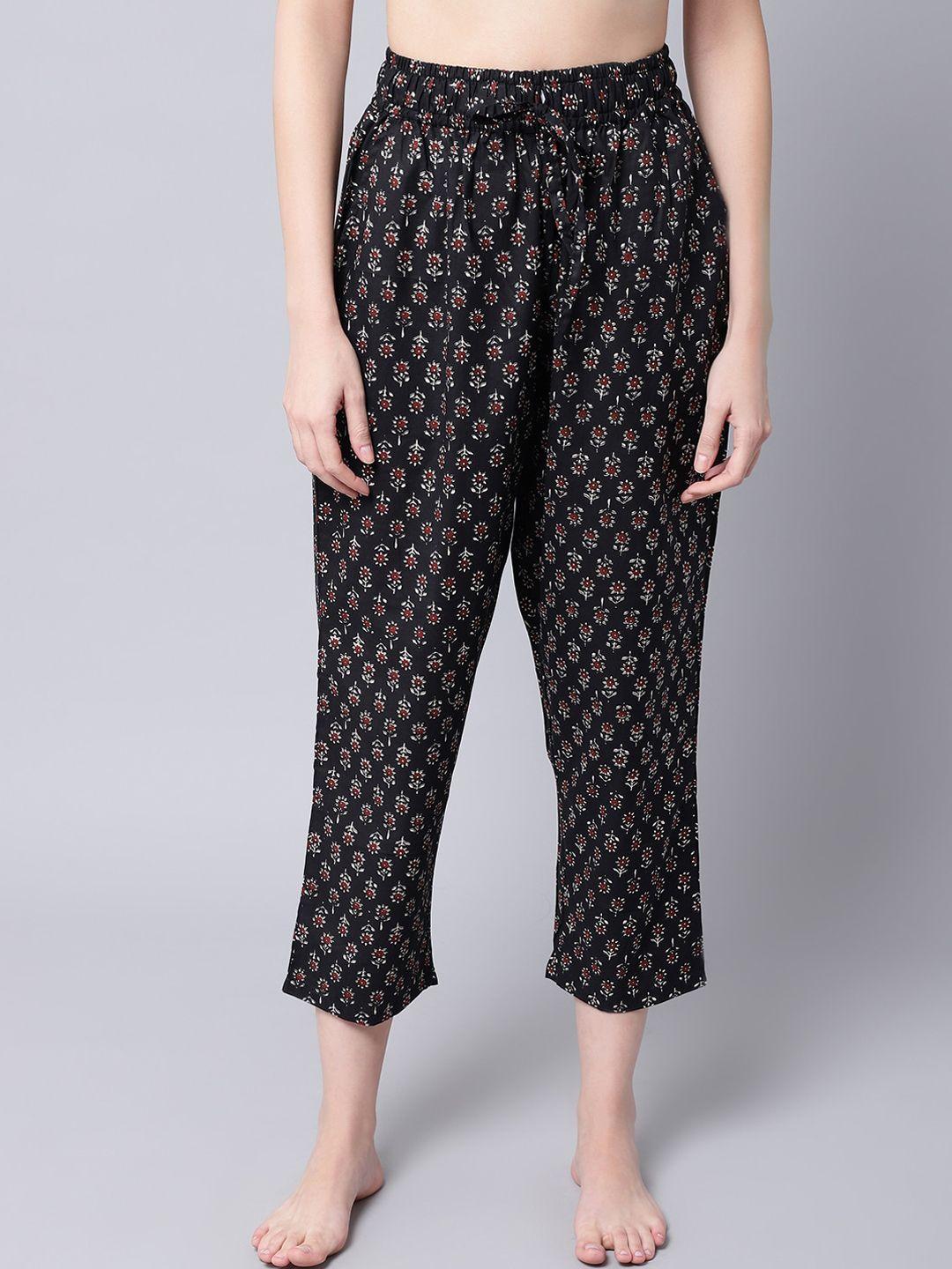 tag 7 women black & maroon printed cotton comfort-fit lounge pant