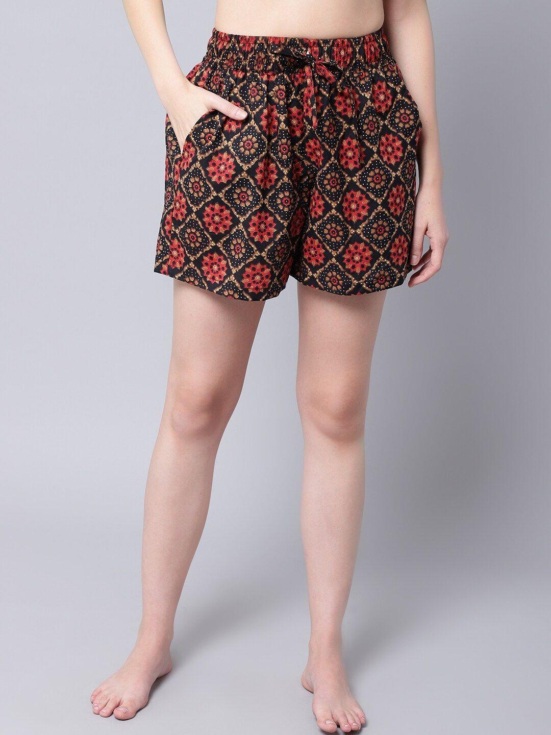 tag 7 women black & red printed cotton lounge shorts