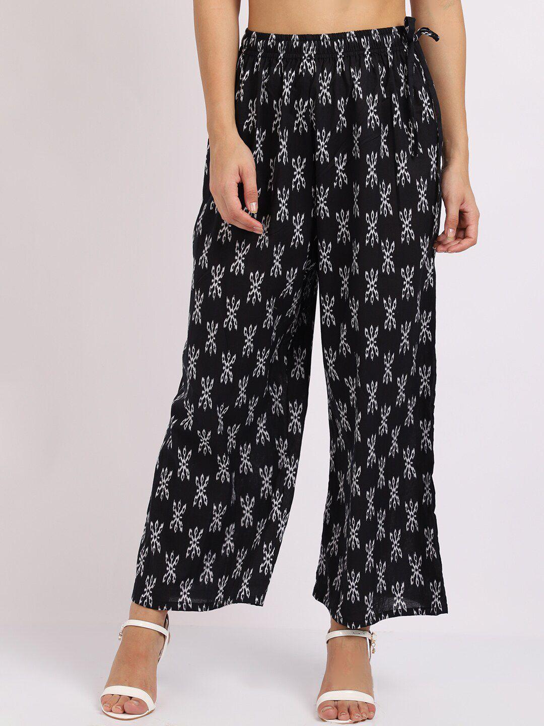 tag 7 women black & white ikkat printed cotton ethnic palazzos