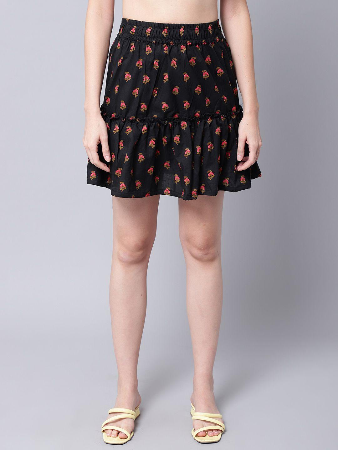 tag 7 women black floral cotton flared skirt