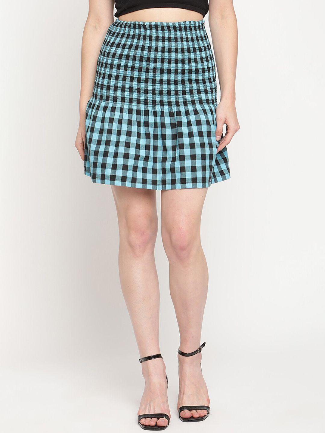 tag 7 women blue & black checked above-knee length smocked flared skirt