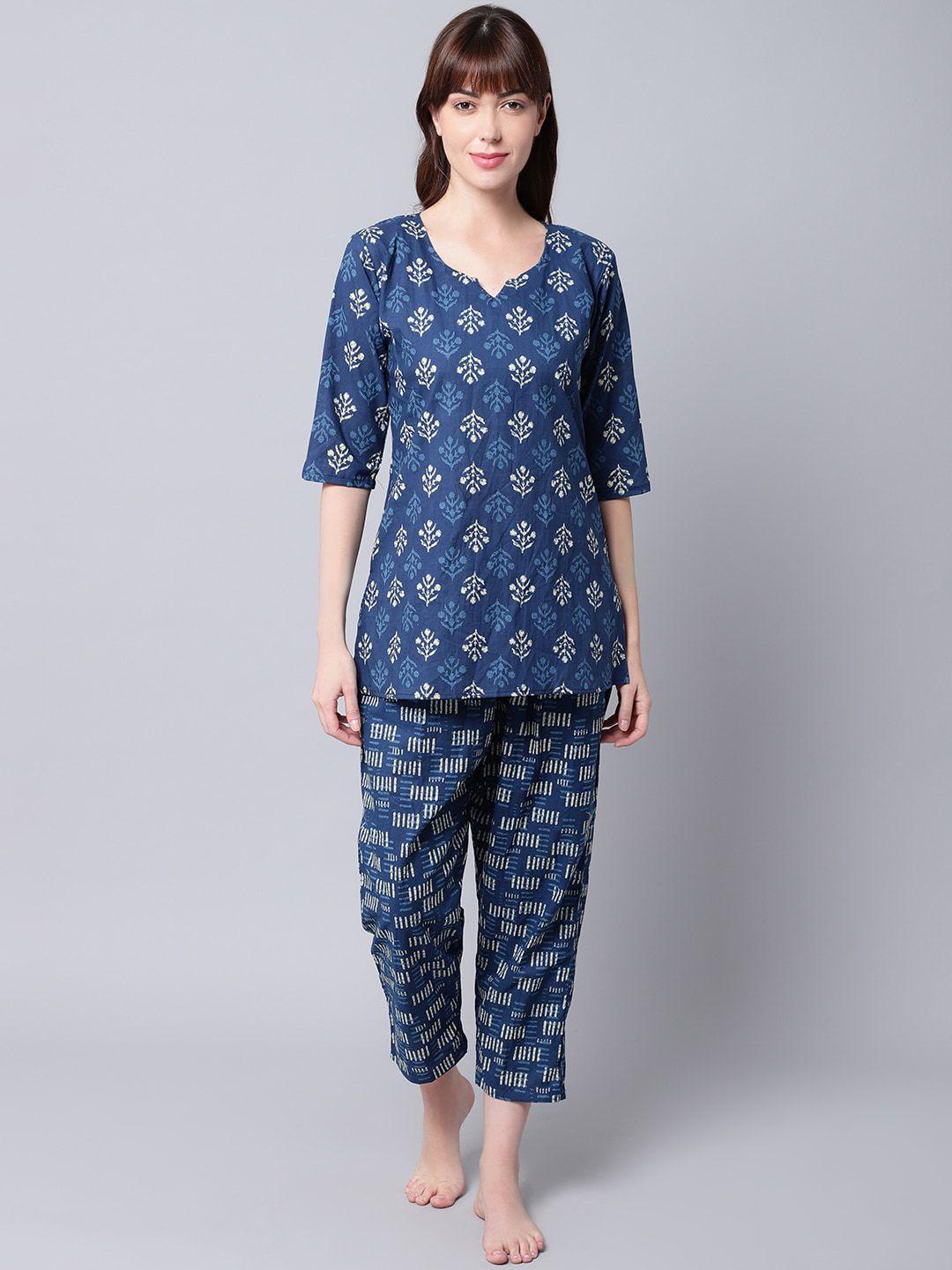 tag 7 women blue & white printed pure cotton night suit