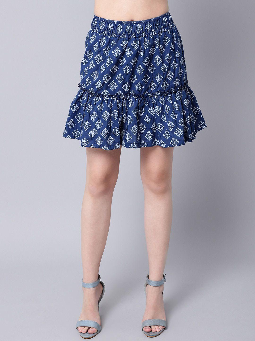 tag 7 women blue printed above knee cotton tiered skirts