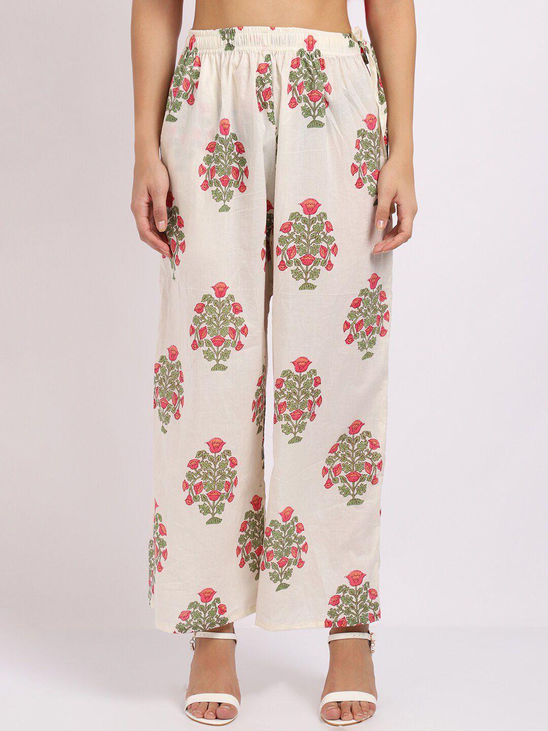 tag 7 women cream-coloured & green floral block printed ethnic cotton palazzos