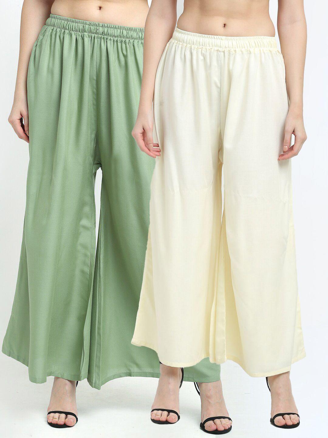 tag 7 women cream-coloured & green pack of 2 flared ethnic palazzos