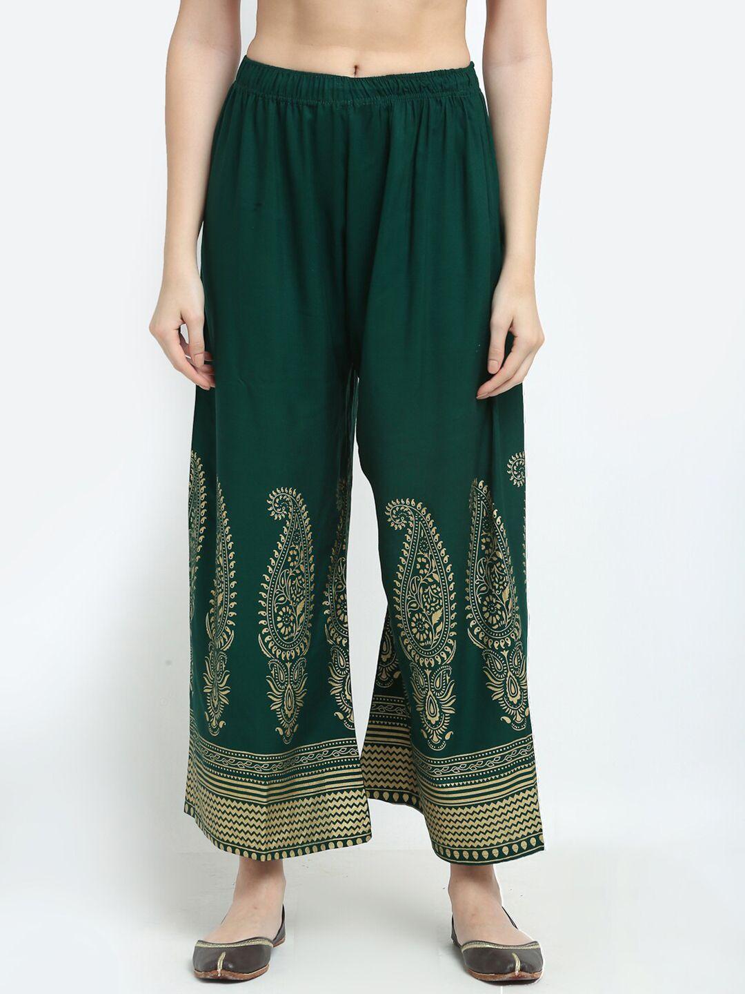 tag 7 women green & gold-toned printed wide leg palazzos