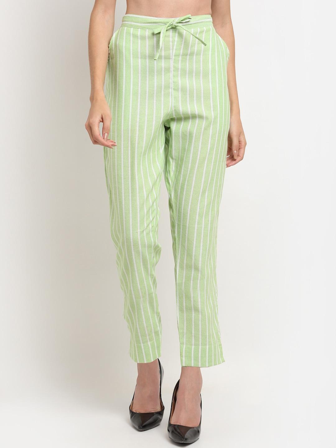 tag 7 women green striped straight fit trousers