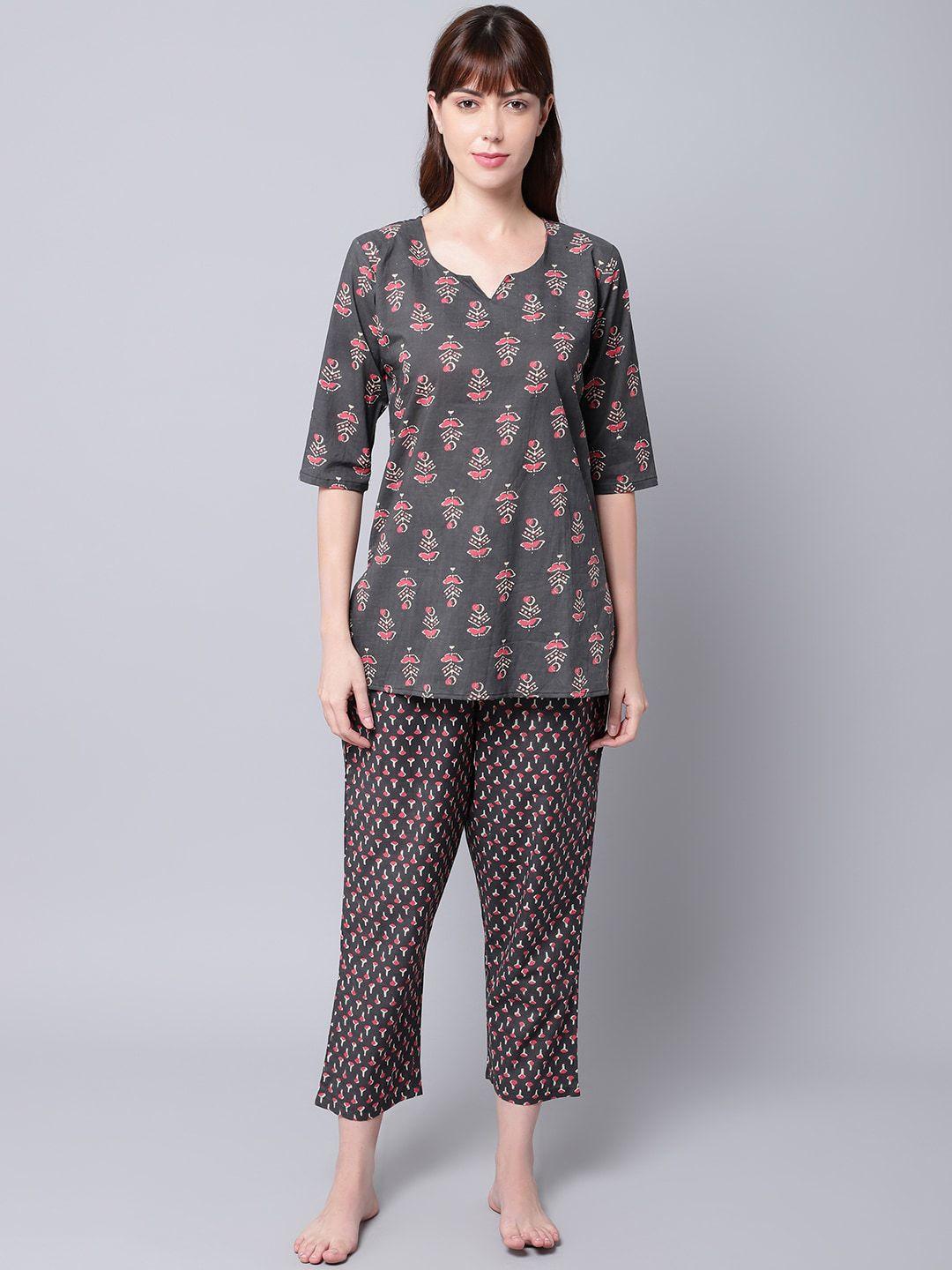 tag 7 women grey & pink printed cotton night suit