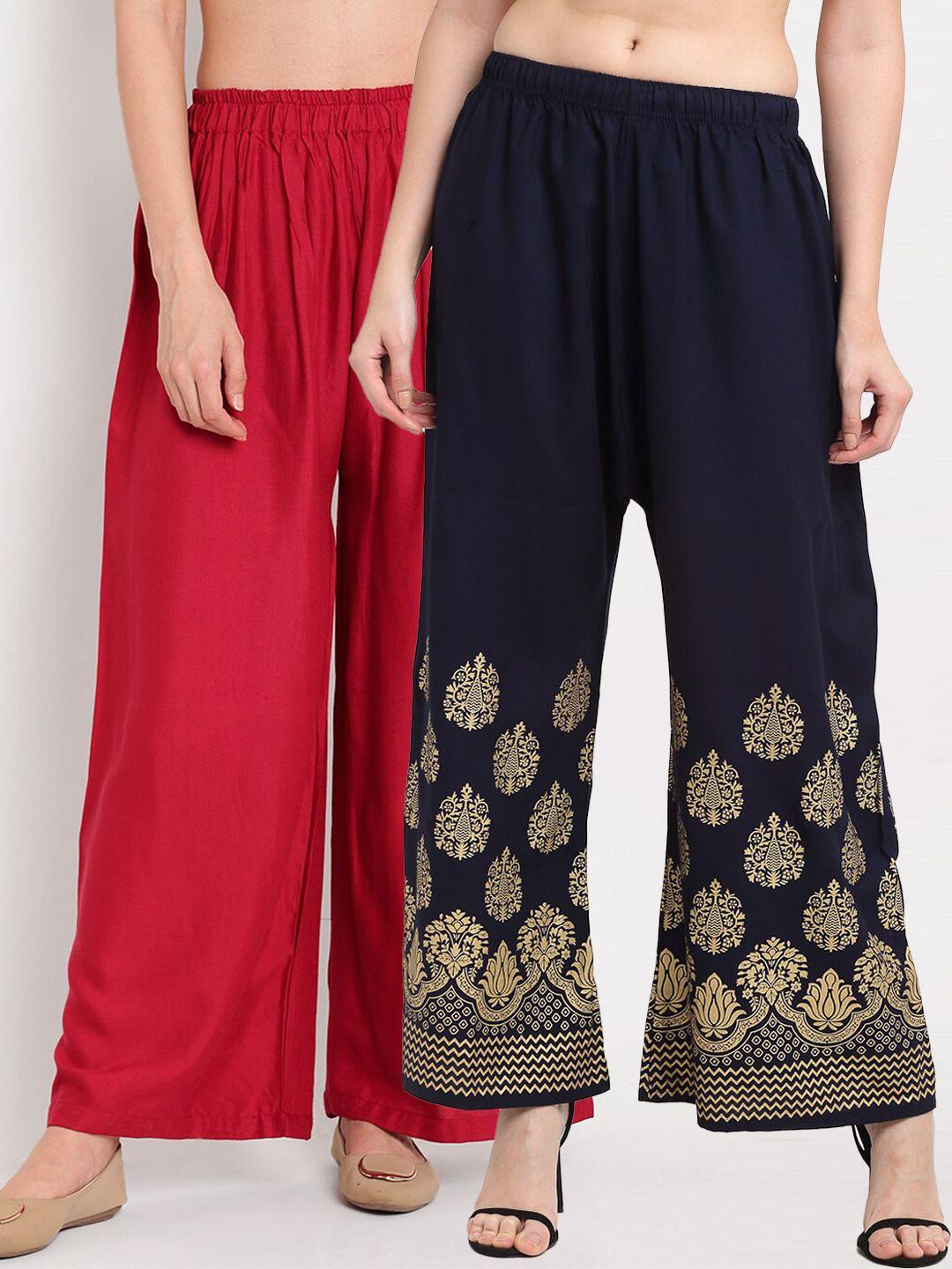 tag 7 women maroon & navy blue set of 2 ethnic motifs printed palazzos