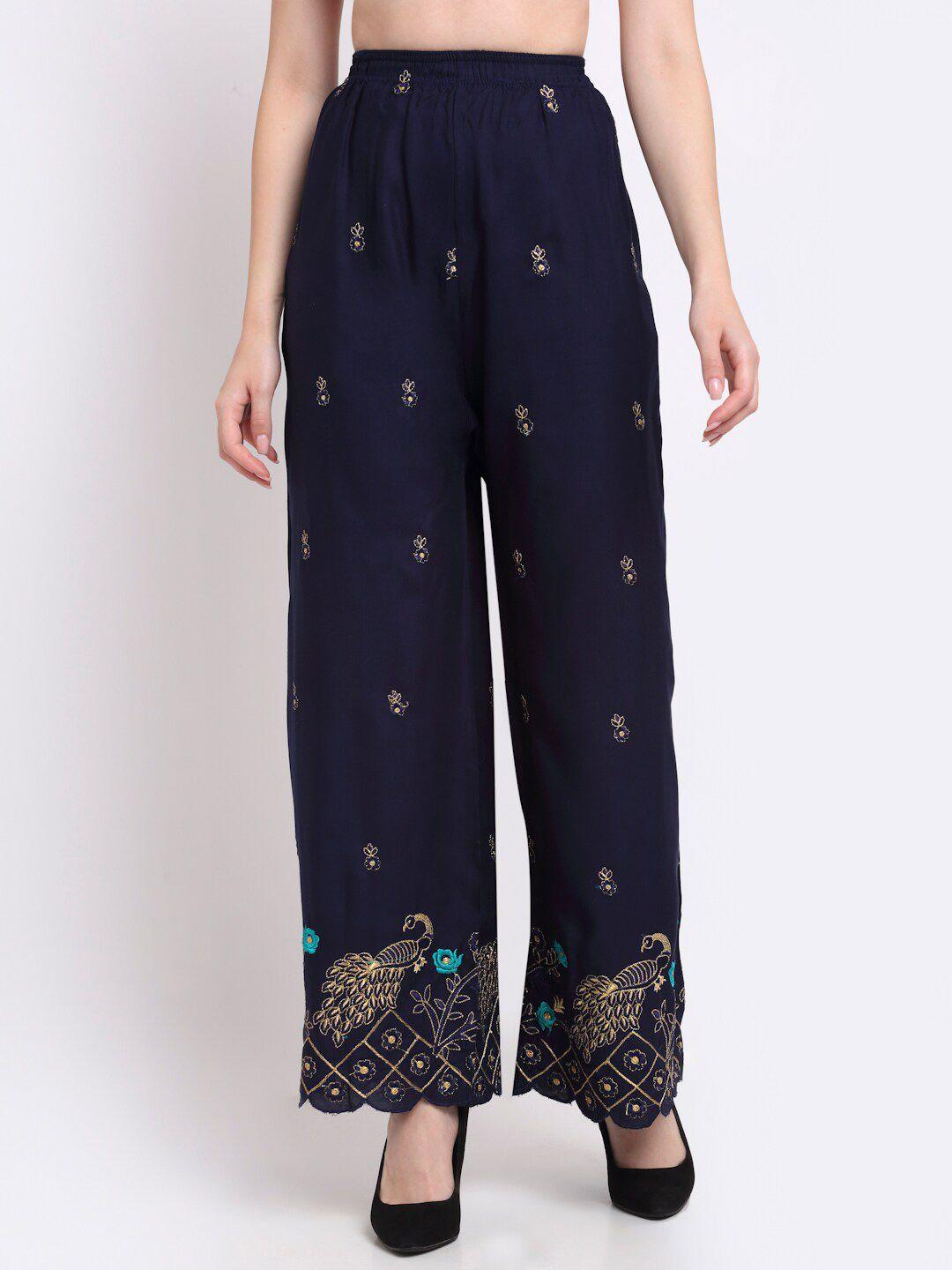 tag 7 women navy blue & gold-toned ethnic motifs embroidered ethnic palazzos