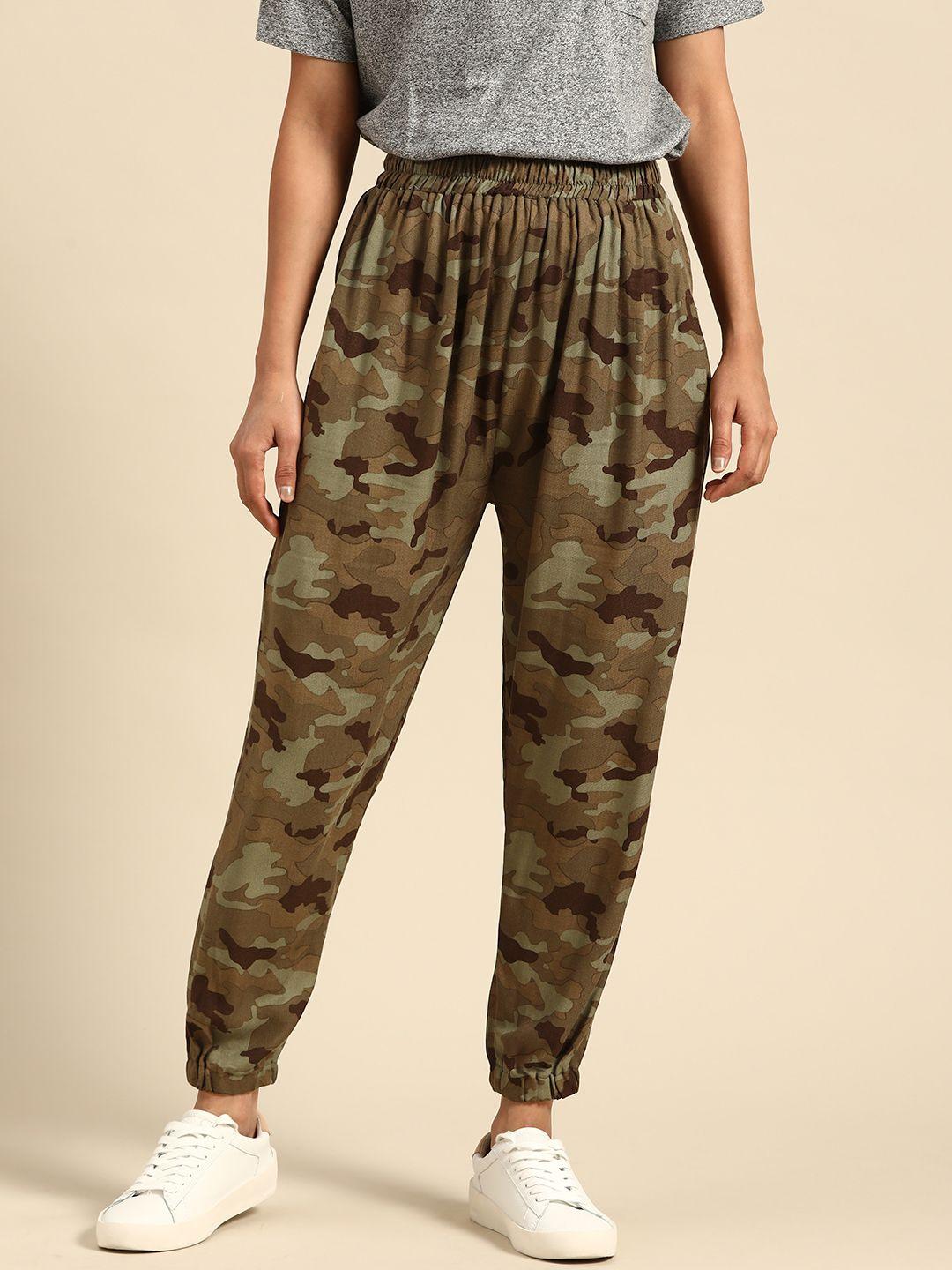 tag 7 women olive green & brown relaxed fit camouflage print joggers