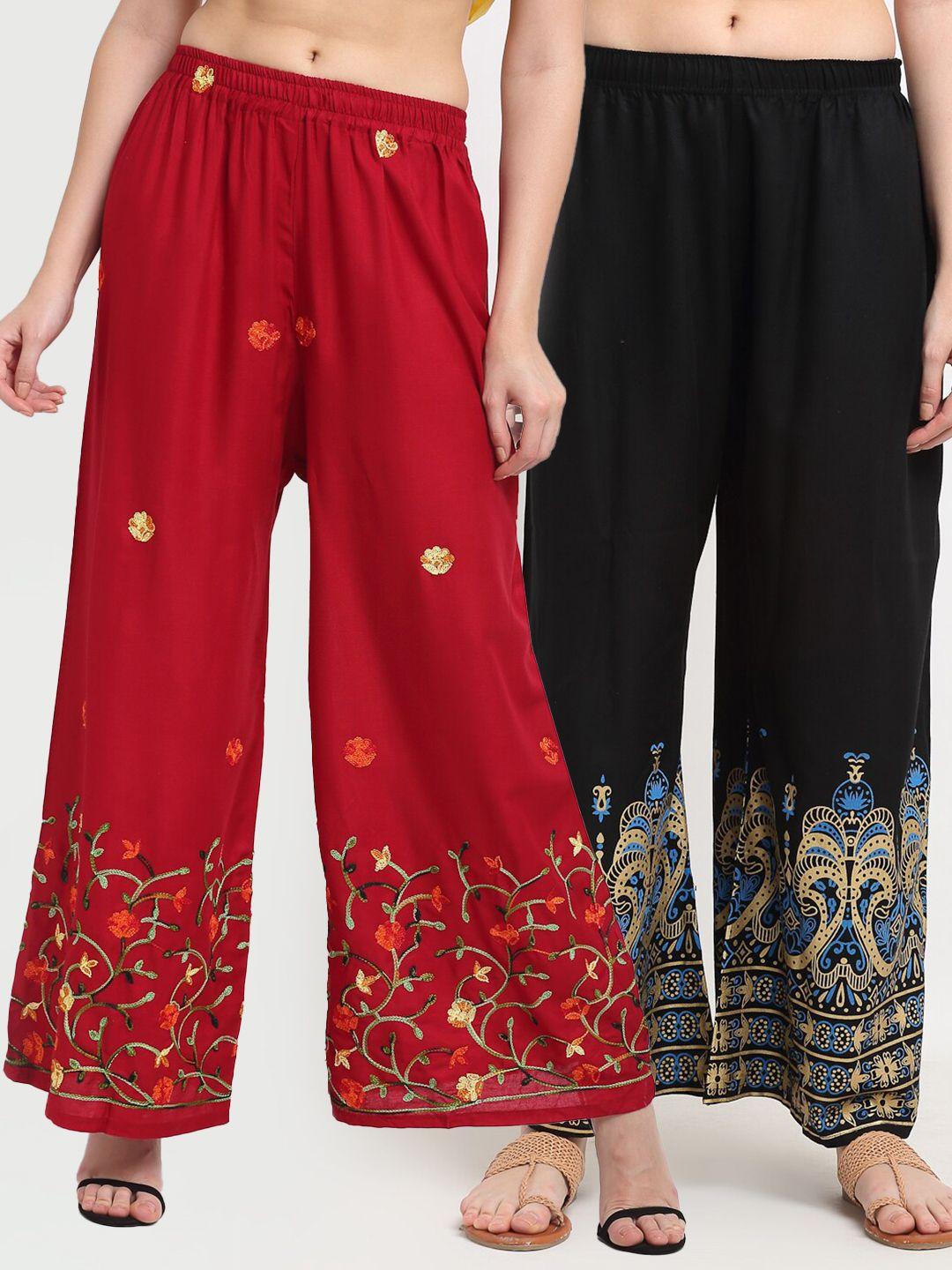 tag 7 women pack of 2 black & maroon ethnic motifs printed wide leg palazzos