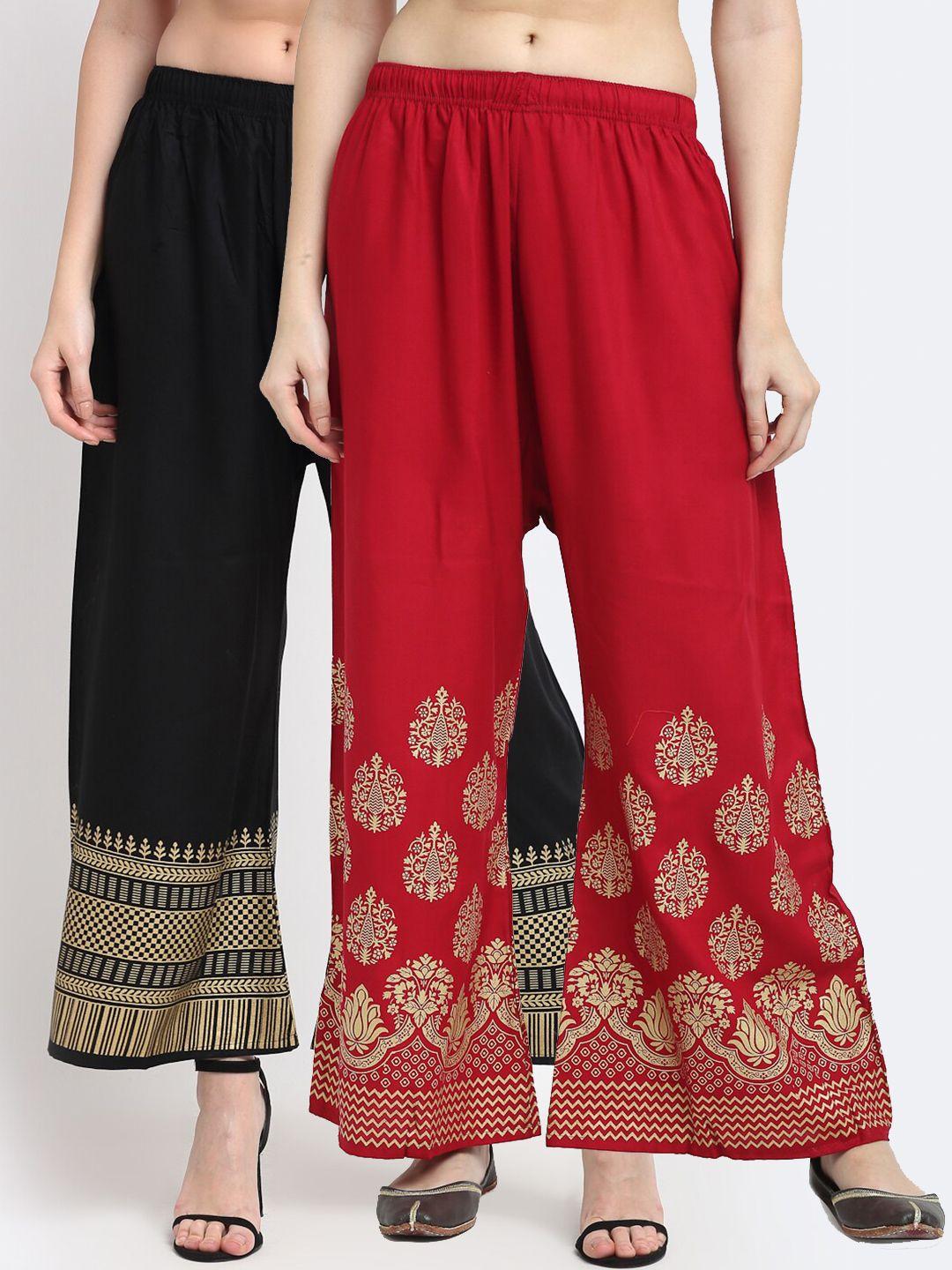 tag 7 women pack of 2 black & red ethnic motifs printed wide leg palazzos