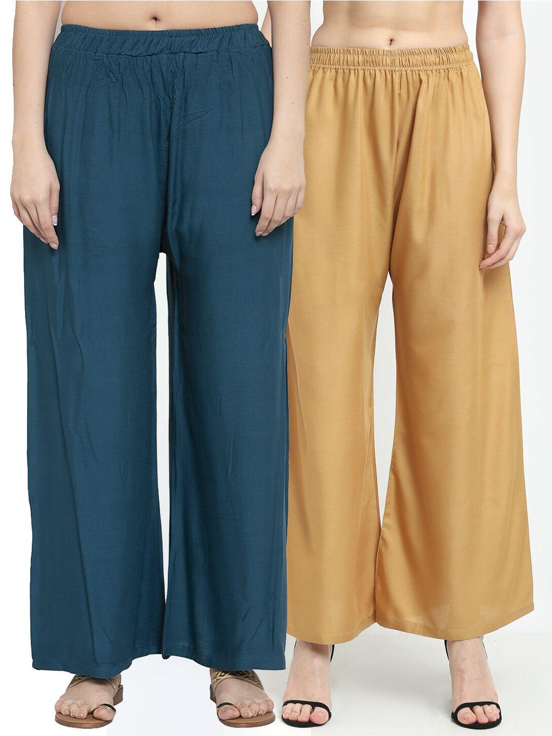 tag 7 women pack of 2 blue & beige solid wide-leg palazzos