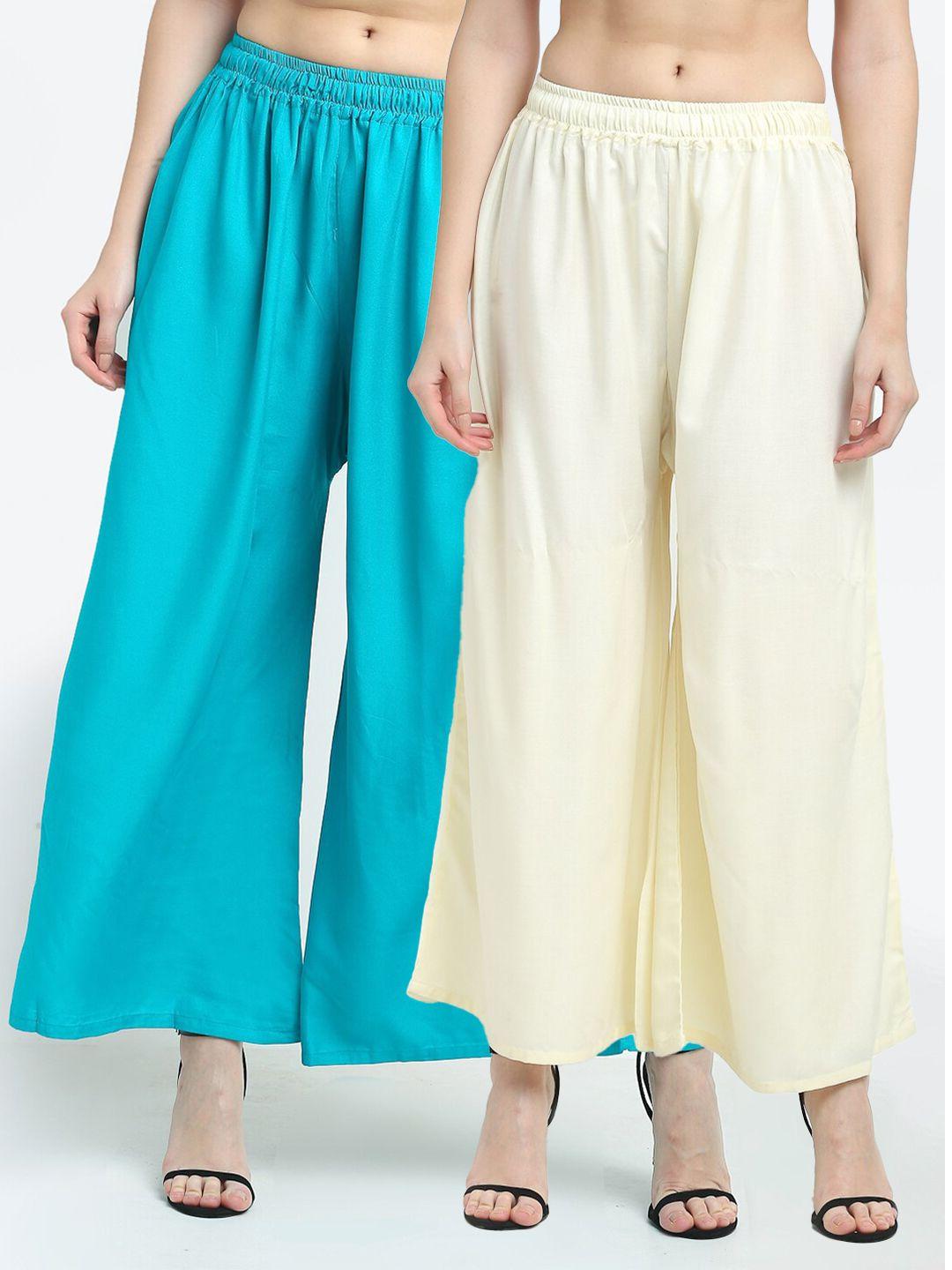 tag 7 women pack of 2 cream-coloured & turquoise blue flared ethnic palazzos