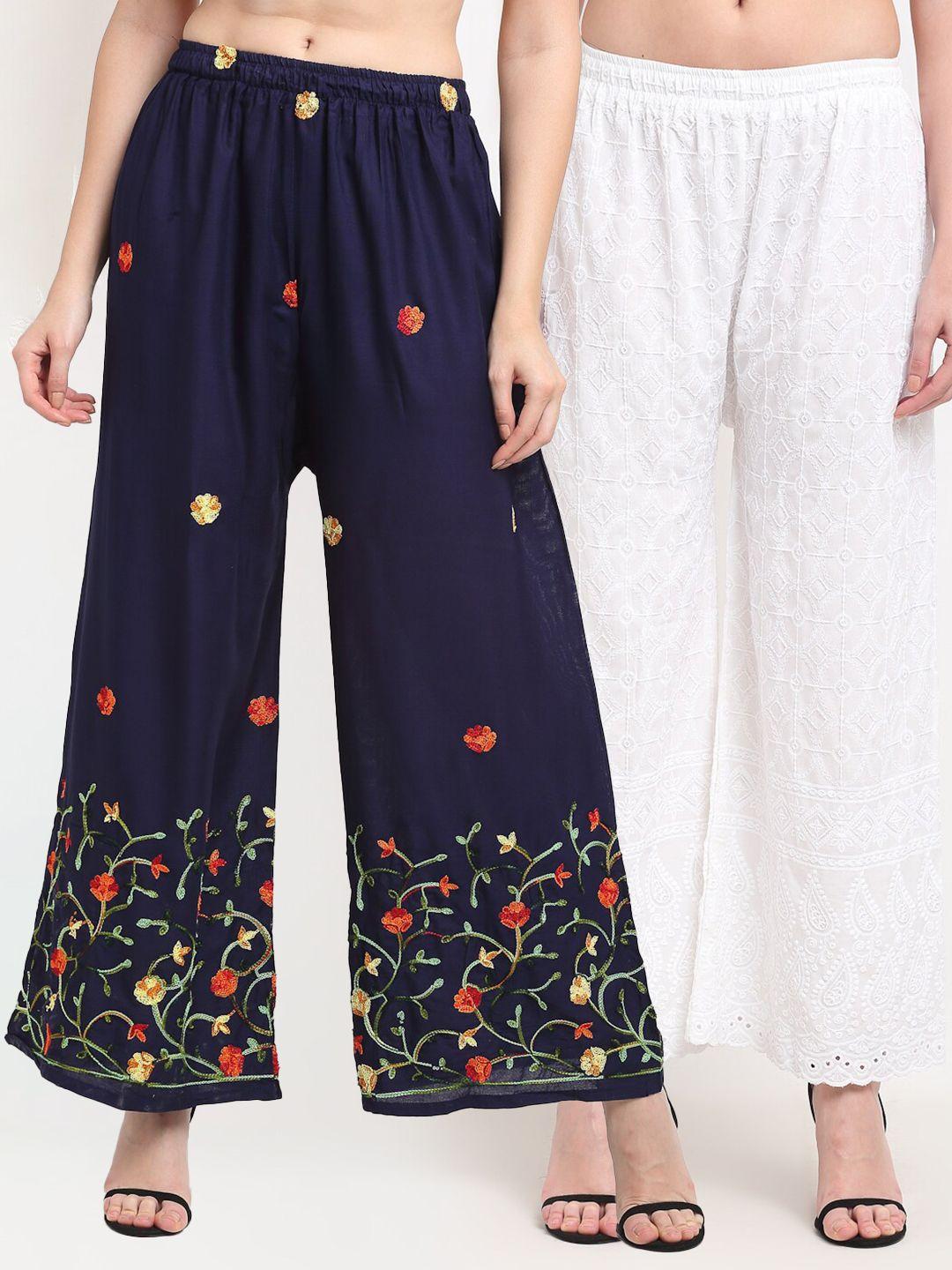 tag 7 women pack of 2 floral embroidered flared ethnic palazzos