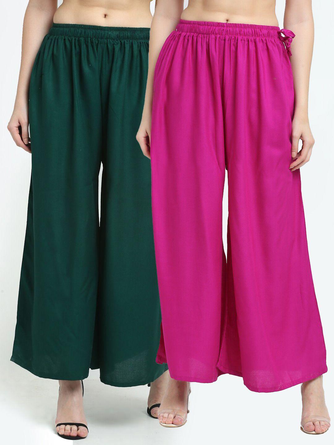 tag 7 women pack of 2 green & pink solid flared palazzos