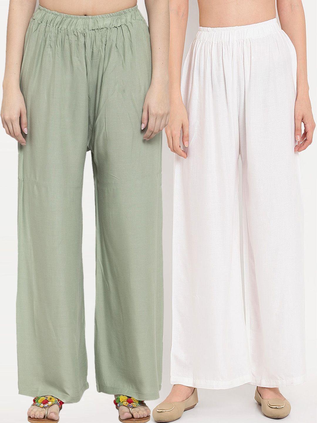 tag 7 women pack of 2 green & white solid flared palazzos