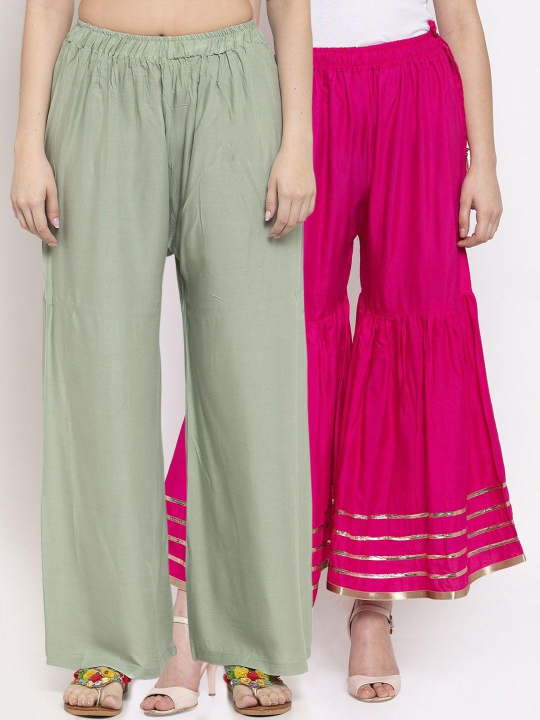 tag 7 women pack of 2 magenta & olive green solid flared palazzos