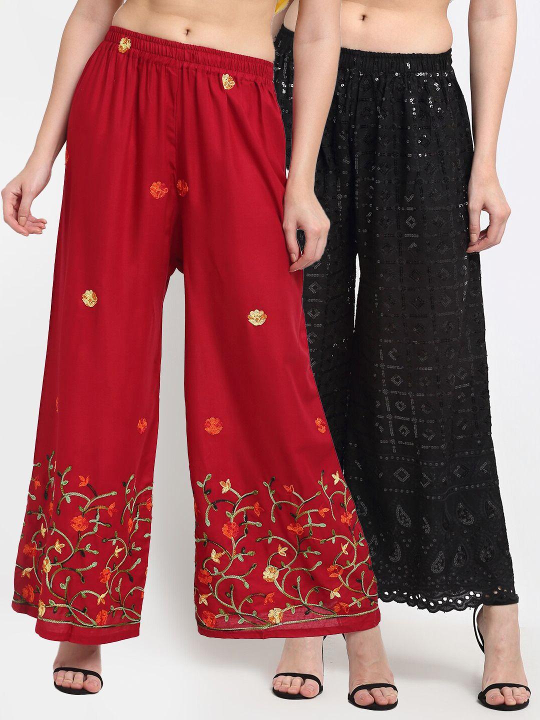 tag 7 women pack of 2 maroon & black embellished wide leg palazzos