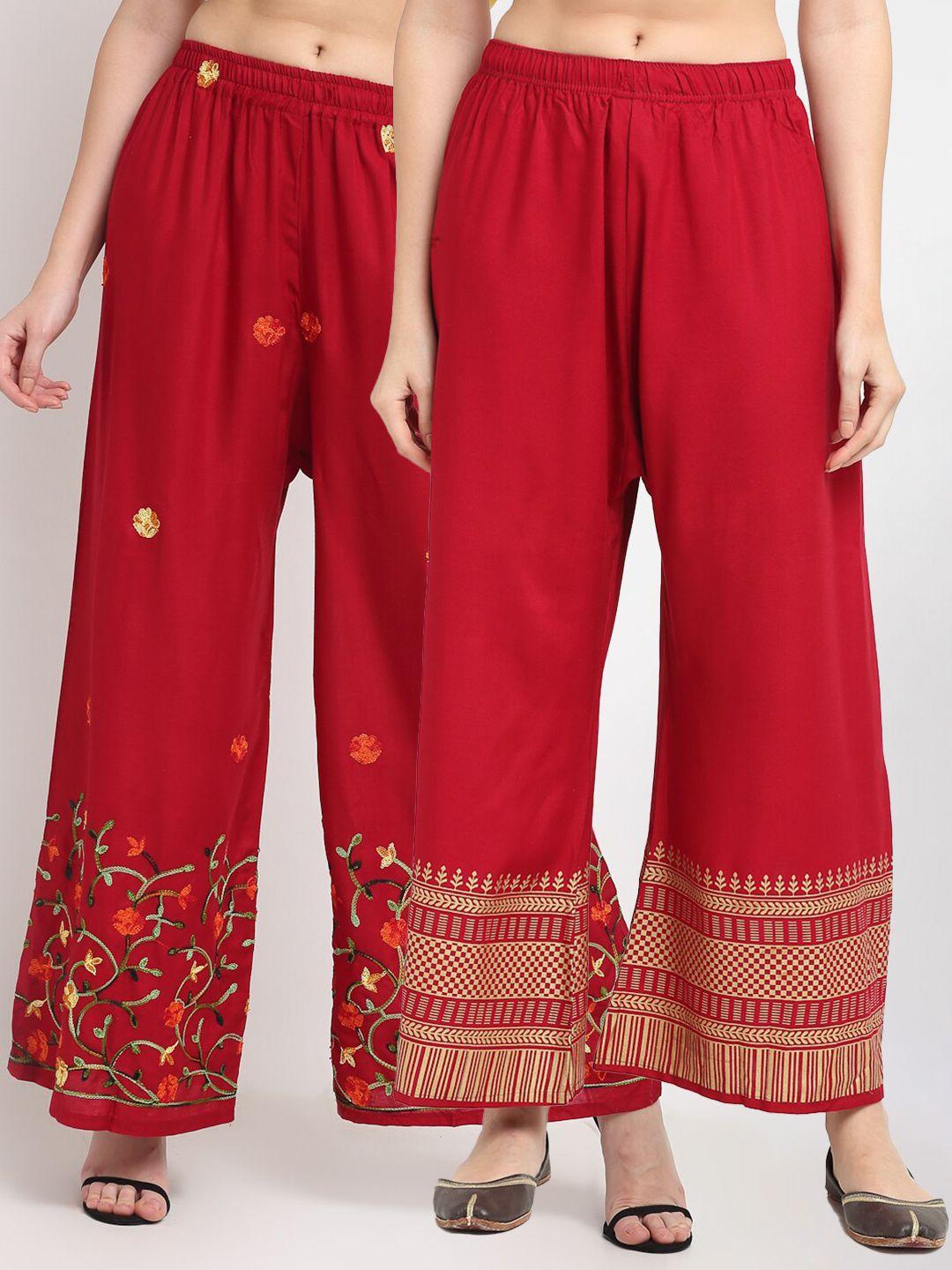 tag 7 women pack of 2 maroon & gold-toned embroidered flared palazzos