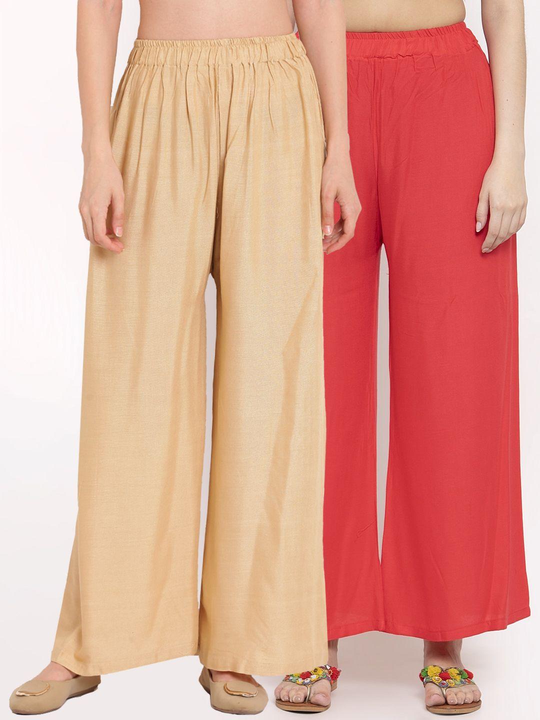 tag 7 women pack of 2 red & beige solid flared palazzos