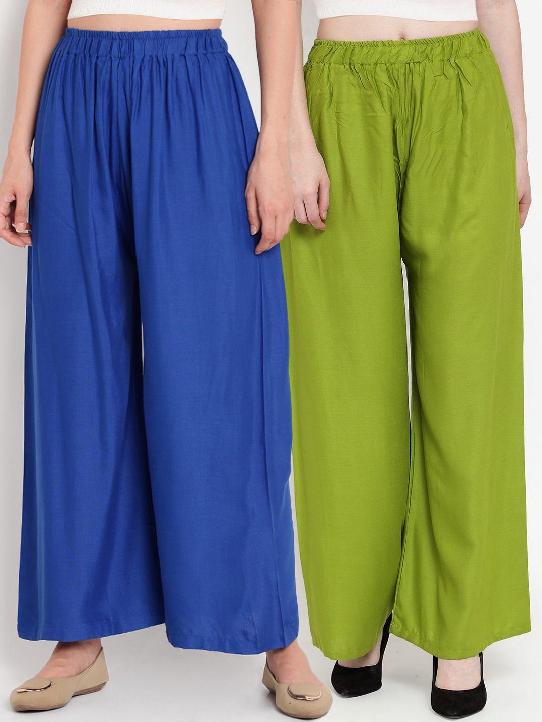 tag 7 women set of 2 green & blue solid wide leg palazzos